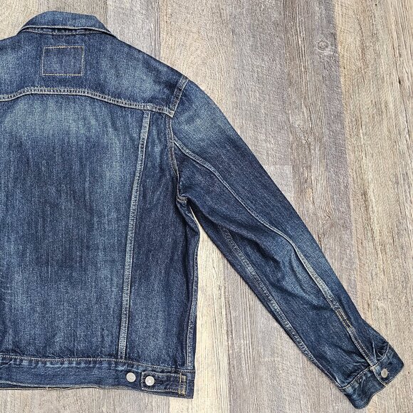 Levi's Men's Adult LARGE Dark Blue Distressed Denim Button Up Jean Jacket - Picture 6 of 9